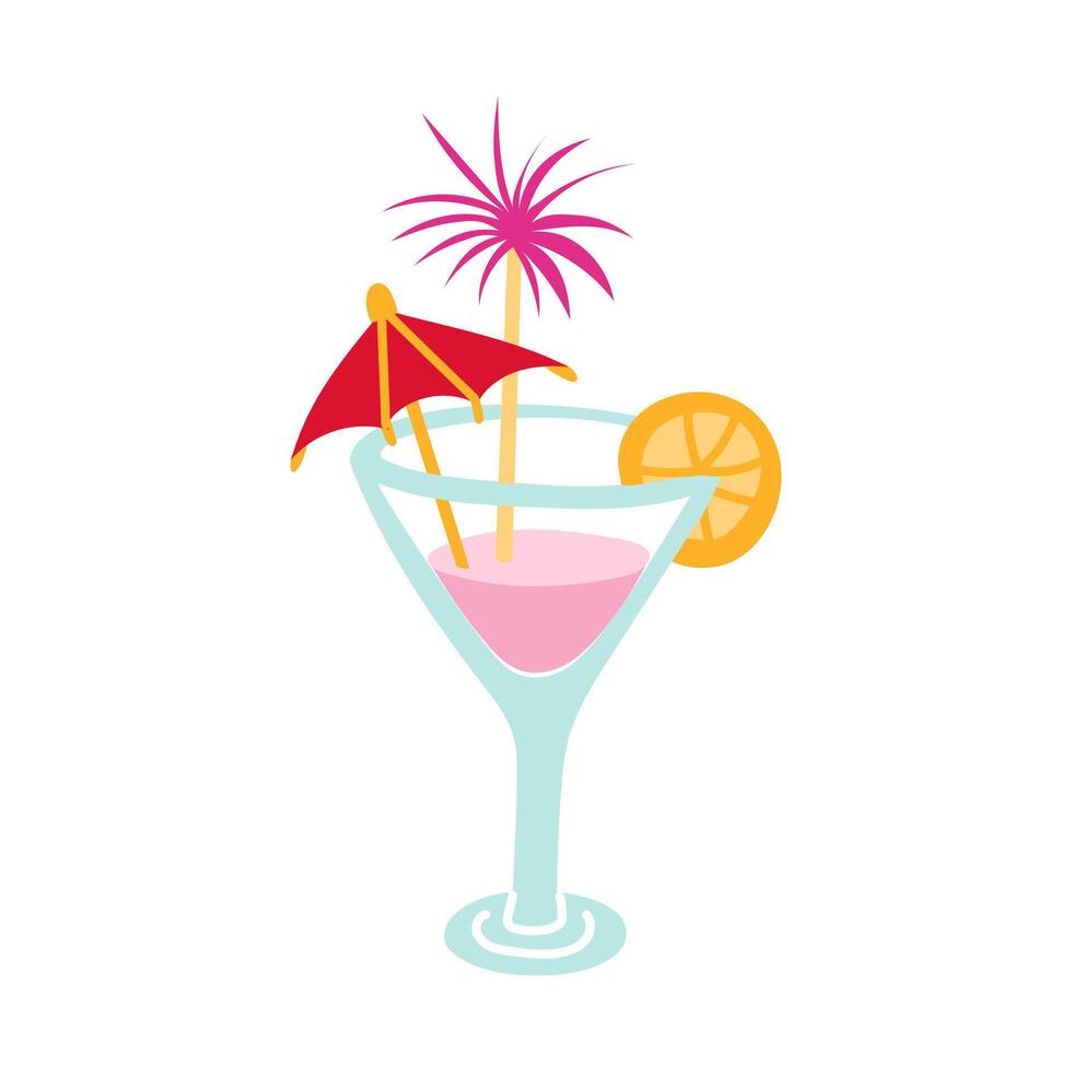 Drink in a martini glass. Pink drink with an umbrella, Christmas rain and lemon for celebrating in the tropics. Christmas is tropical, hand-drawn. Flat illustration. Isolated object on white vector