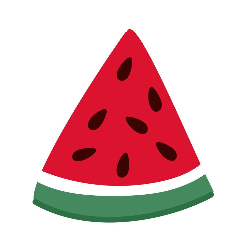 A piece of watermelon of triangular shape. Watermelon slice icon. A slice of watermelon with pits. The logo of a juicy watermelon in a flat style. Illustration, highlighted on a white background vector