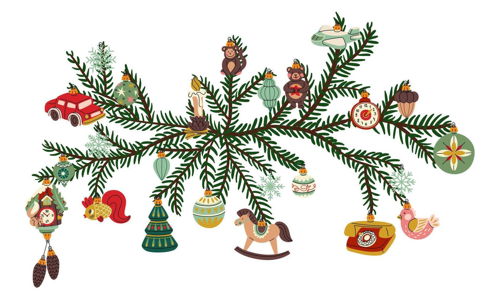 branch of a Christmas tree with retro-style Christmas balls, double-sided decoration. Soviet glass toys in a flat style. variety of animals and objects. Decor for Christmas, New Year, and holidays vector