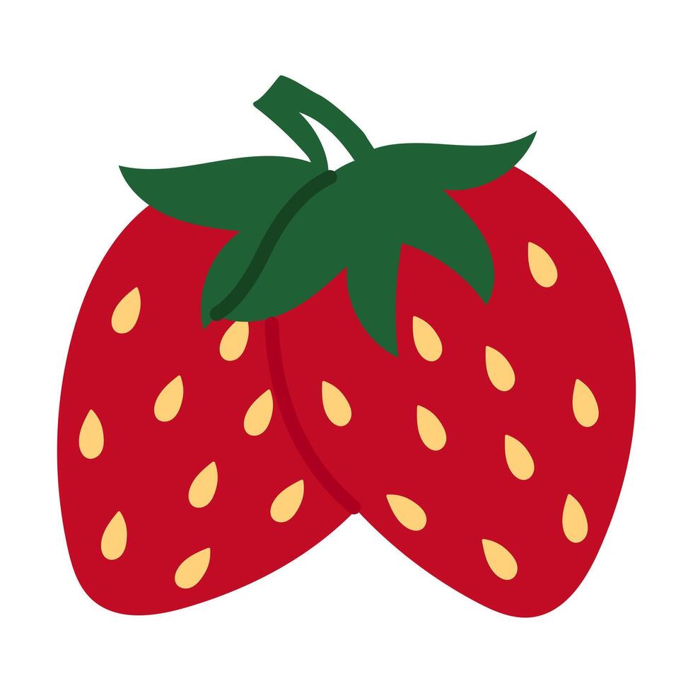 Fresh sweet strawberries are steamed. A group of two whole red berries with seeds. Hand-painted summer strawberries in a fashionable flat style, highlighted for design. illustration vector