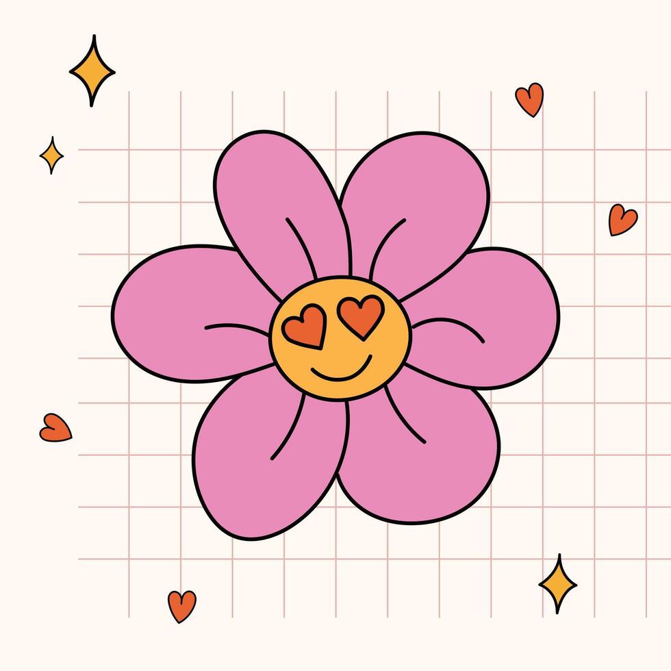 A retro-style illustration of a pink flower with a smiling face and heart-shaped eyes, surrounded by small hearts and sparkling elements on a pastel grid background vector