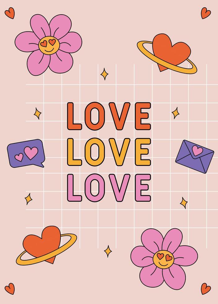 Retro style Valentine's Day card surrounded by flowers, hearts, and envelopes on a pastel background. vector