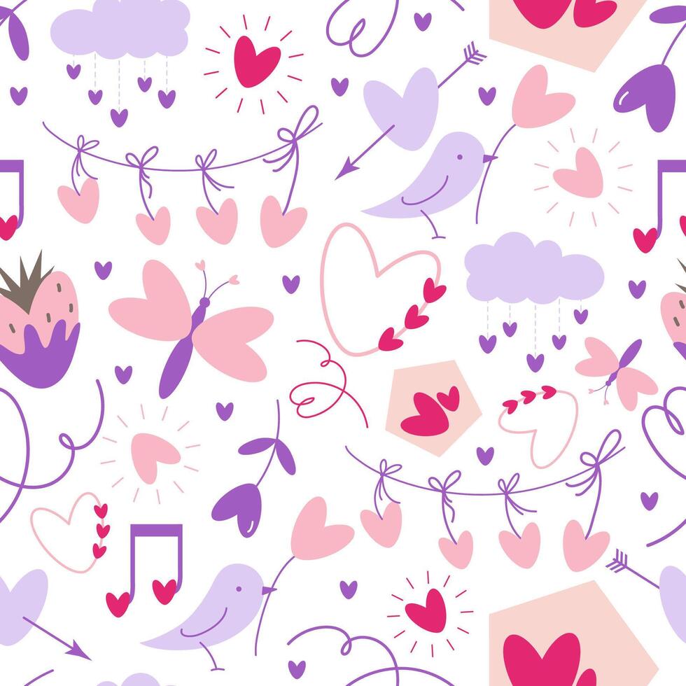 Doodle Valentines day, love season or spring seamless pattern with heart shape elements such as flower, birds, garland, music note, strawberry, butterfly, cloud, house. vector