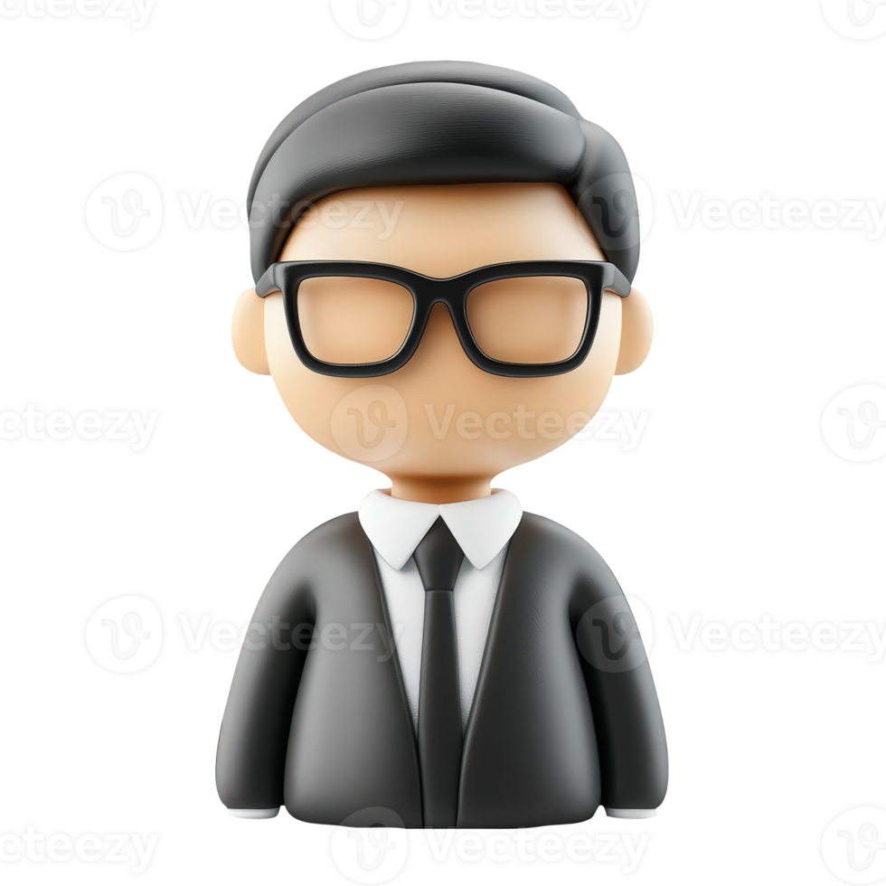 3d illustration icon of a businessman wearing glasses and a black suit, perfect for representing professionalism and business concepts on cutout transparent background png