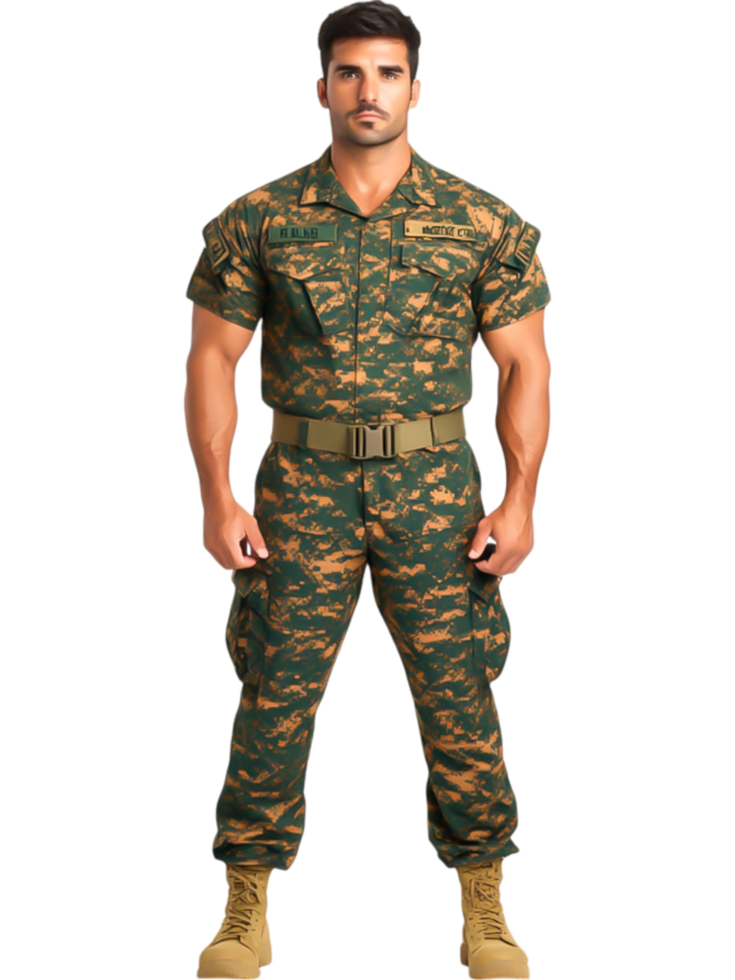 Male Soldier in Camouflage Uniform Standing Proudly png