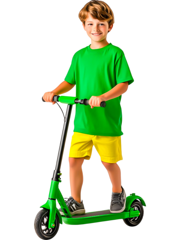 Child Riding Green Scooter in Bright Summer Outfit png