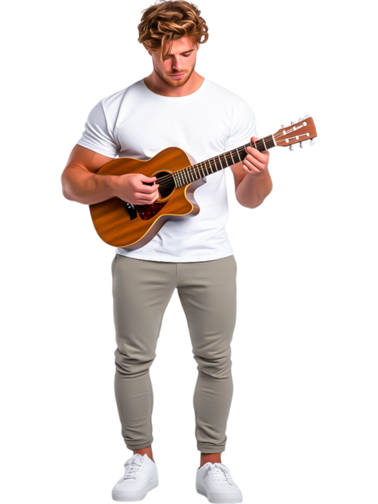 Young Man Playing Acoustic Guitar in Casual Attire png