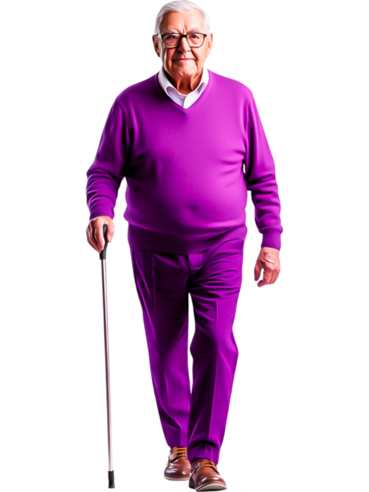 Senior Man in Stylish Purple Outfit with Cane png