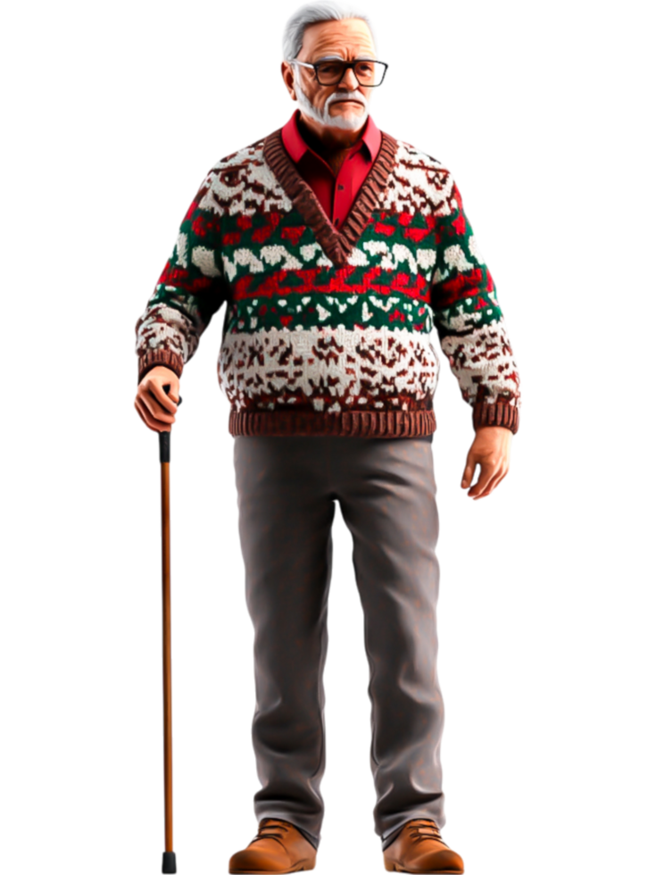 Elderly Man in Colorful Sweater with Cane png