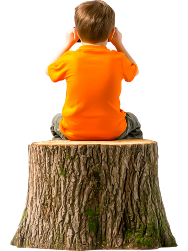 Boy Sitting on Tree Stump in Bright Orange Shirt png