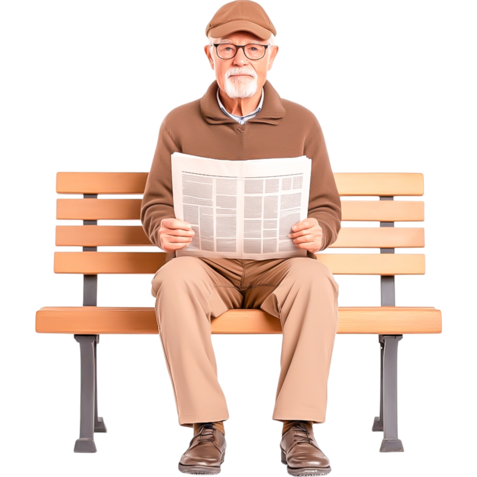 Elderly Man Reading Newspaper on Bench png