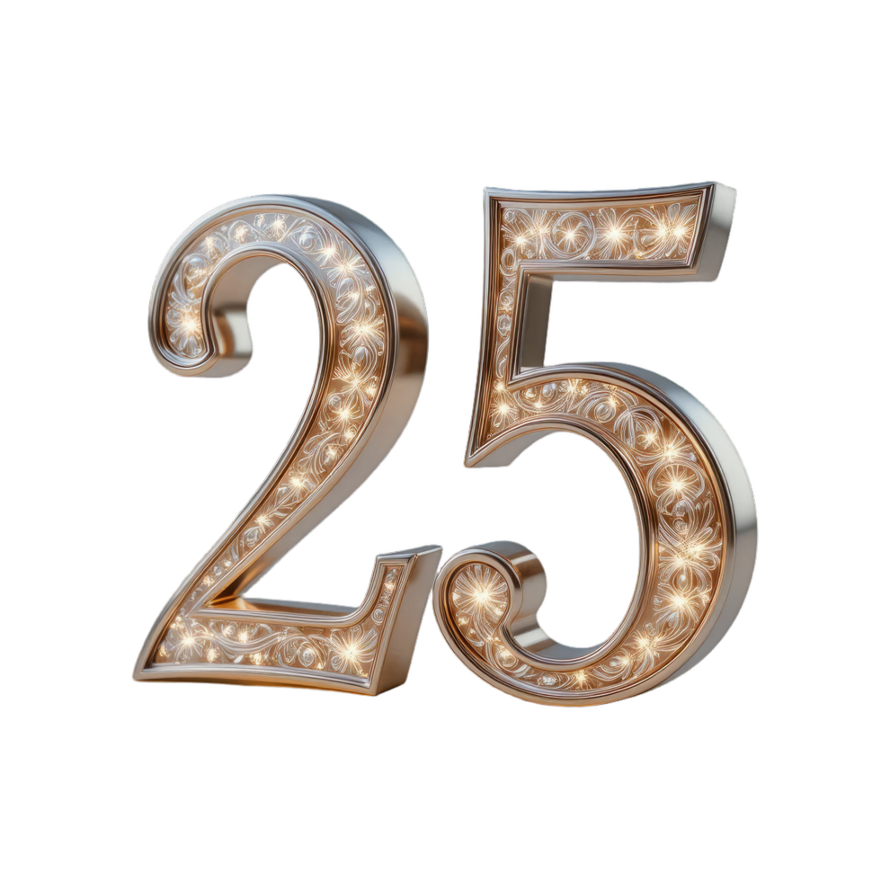 Elegant Gold Number Twenty-Five with Ornate Design and Sparkling Lights. A Festive 3D Rendering png