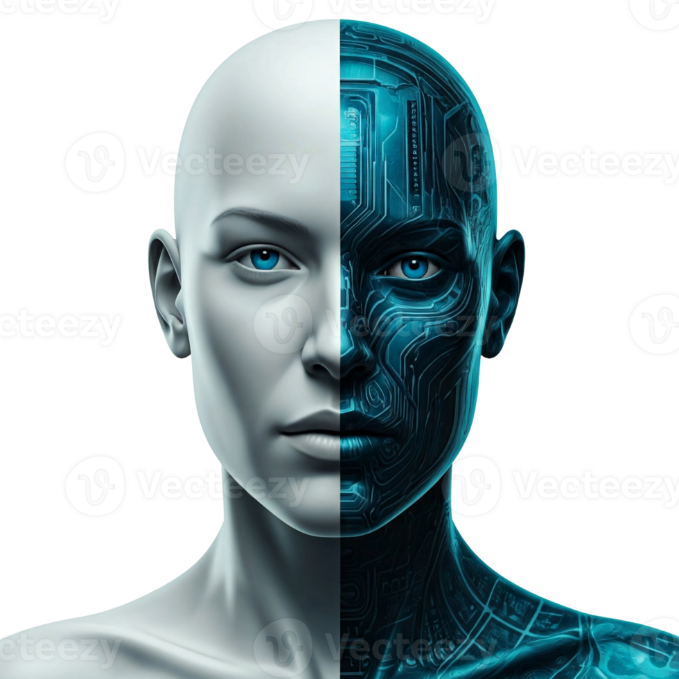 Futuristic Human-AI Hybrid Face, Half-Technology and Half-Human with Blue Eyes, Symbolizing Artificial Intelligence and Advanced Cybernetics png