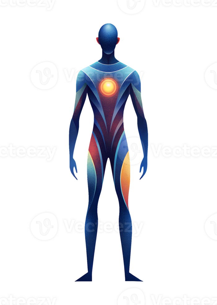 a stylized human figure with a glowing orange circle in the center of its chest. with abstract patterns adorning its body png