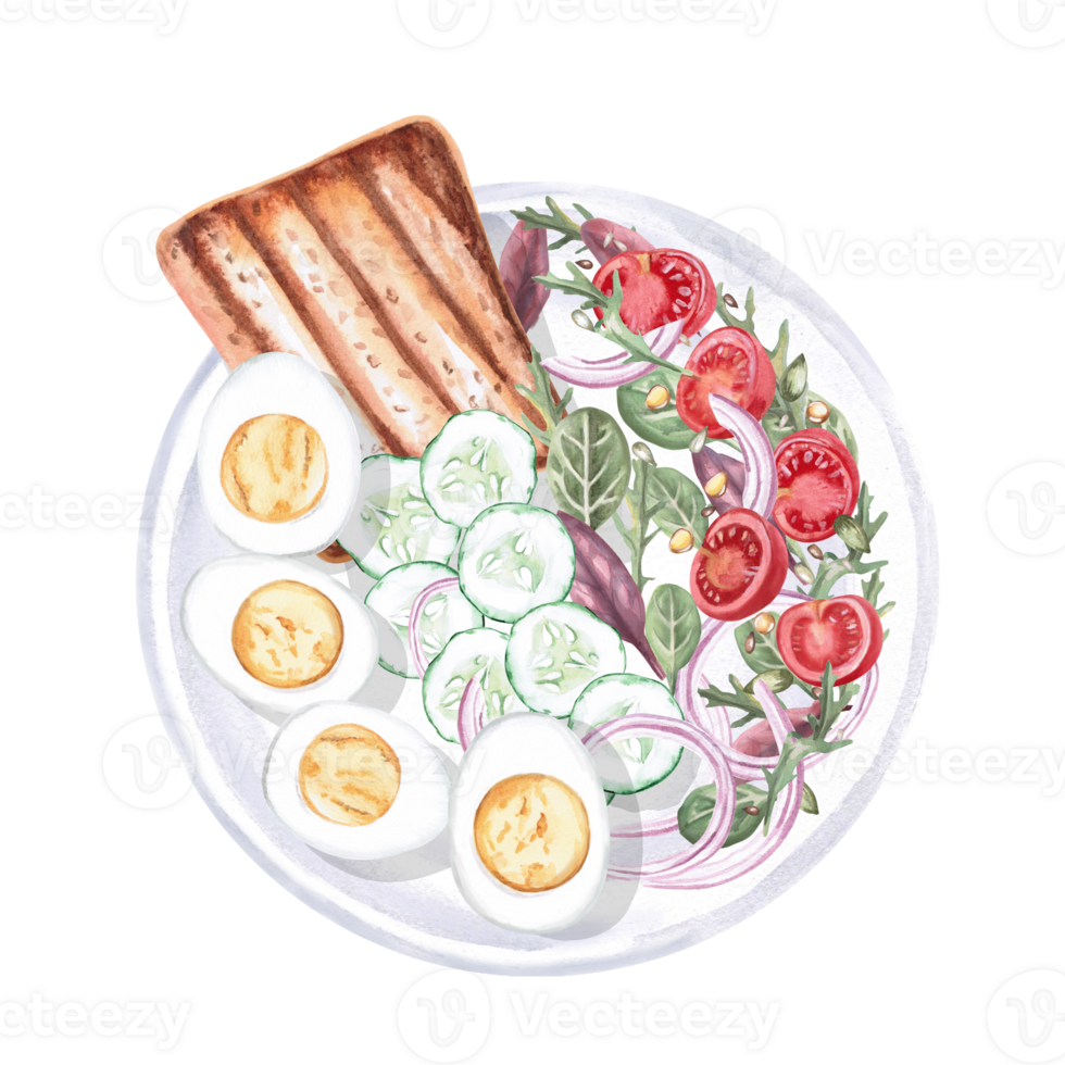 Plate with vegetarian breakfast - toast, cucumbers, tomatoes, boiled eggs, greens. Isolated watercolor illustration on the theme of food for the design of a cookbook, restaurant menu,. png