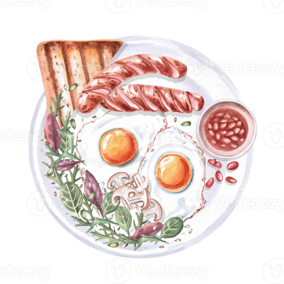 Plate with breakfast -sausages, toast, mushrooms, beans, eggs, greens. Isolated watercolor illustration on the theme of food for the design of a cookbook, restaurant menu, gastronomic magazines. png