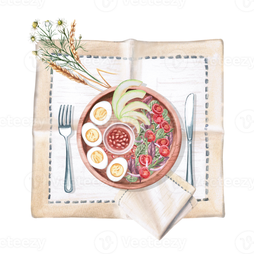 Composition with rustic served breakfast. Isolated watercolor illustration on food theme for cookbook design, restaurant menu, gastronomic magazines. png