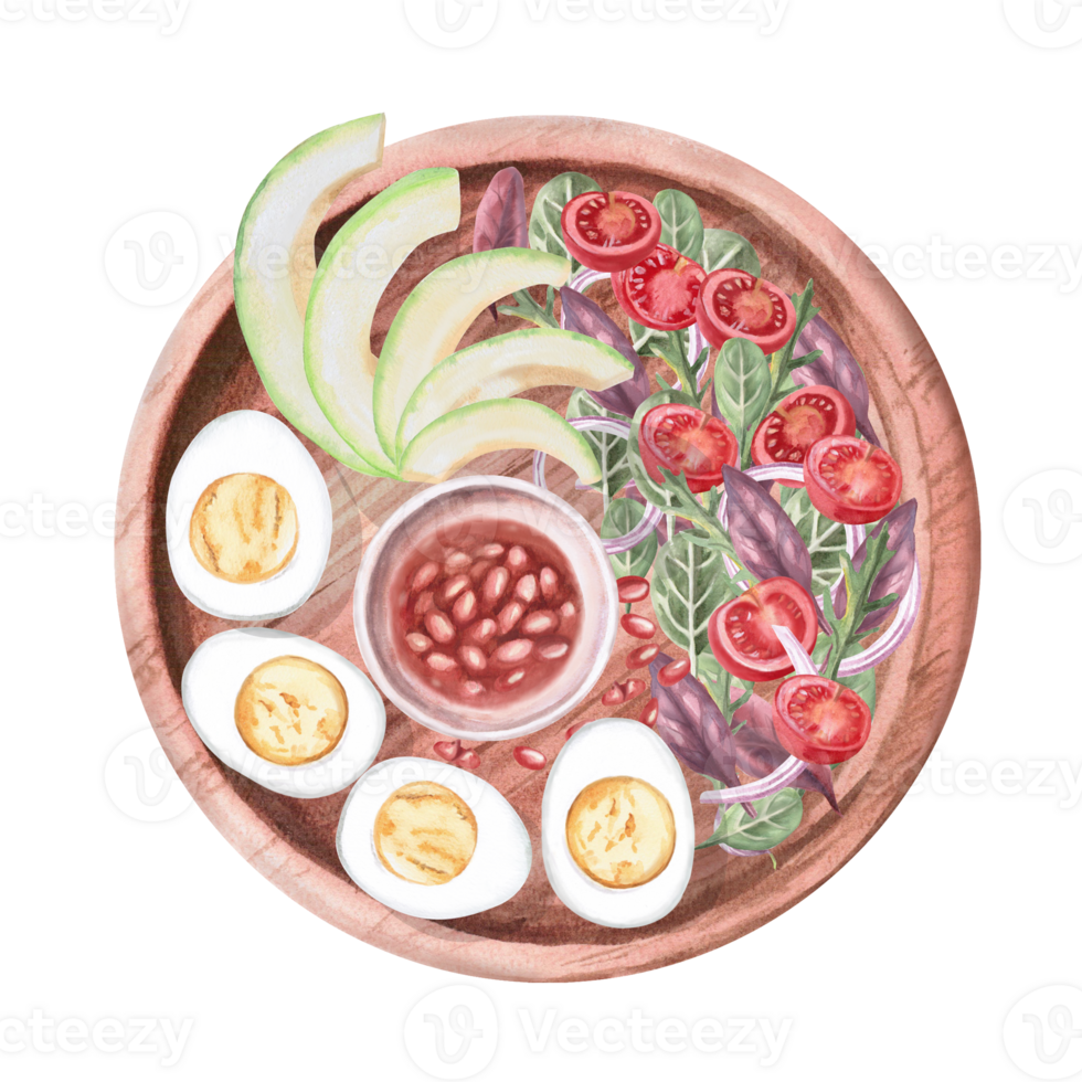 Wooden plate with vegetarian breakfast - toast, avocado, tomatoes, boiled eggs, greens. Isolated watercolor illustration on the theme of food for the design of a cookbook, restaurant menu. png