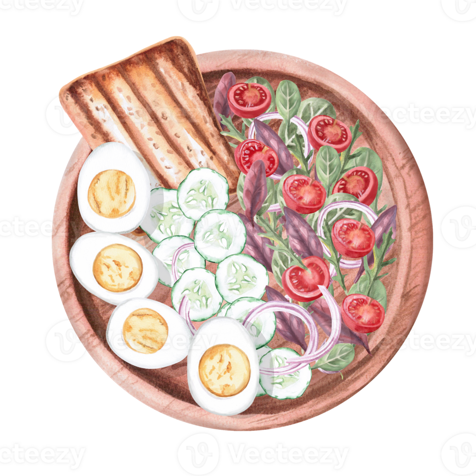 Wooden plate with vegetarian breakfast - toast, cucumbers, tomatoes, boiled eggs, greens. Isolated watercolor illustration on the theme of food for the design of a cookbook, restaurant menu. png