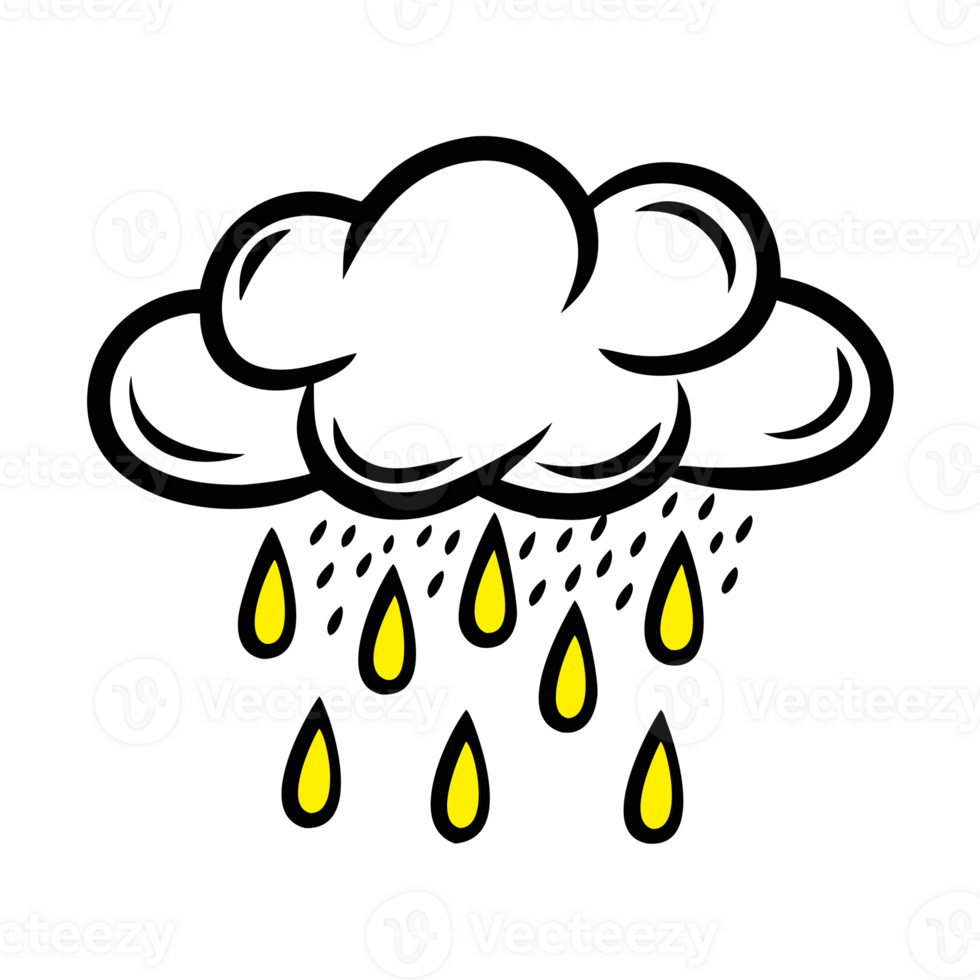 A stylized cloud with bold outlines releases yellow raindrops cutouts png