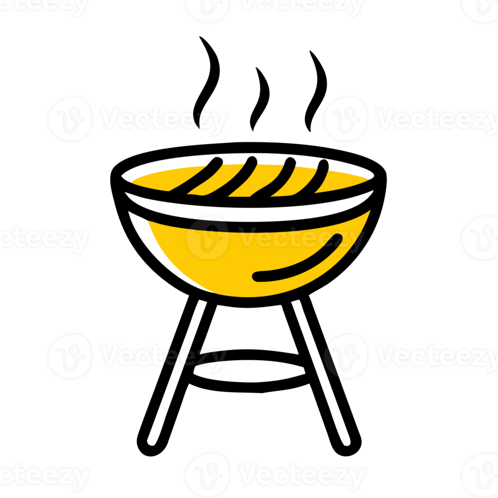 a barbecue grill shows steam rising from the top, the grill is supported by three legs and features a yellow bowl. cutouts png
