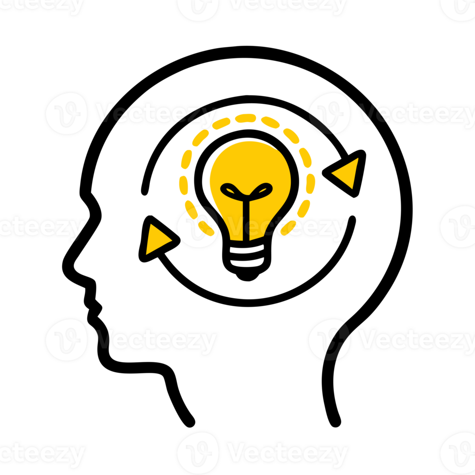 a human head contains a bright yellow lightbulb, symbolizing an idea or innovation cutouts png