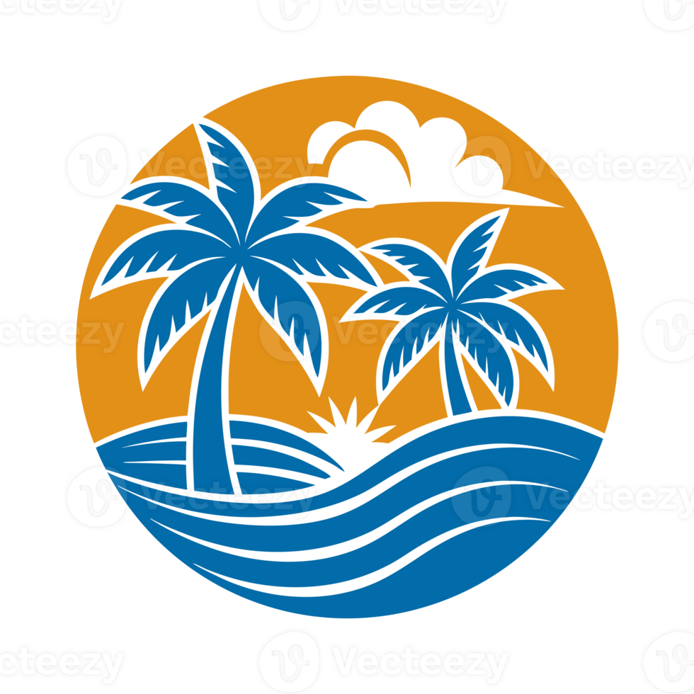 Two palm trees stand against a vibrant sunset, framed by a circular design that incorporates waves and a sun cutouts png
