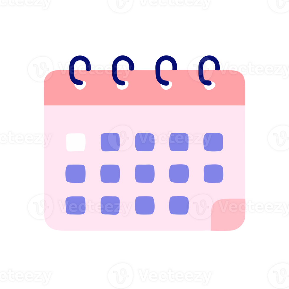 A stylized calendar with a pink header and blue square dates is designed with bold black binder rings. cutouts png