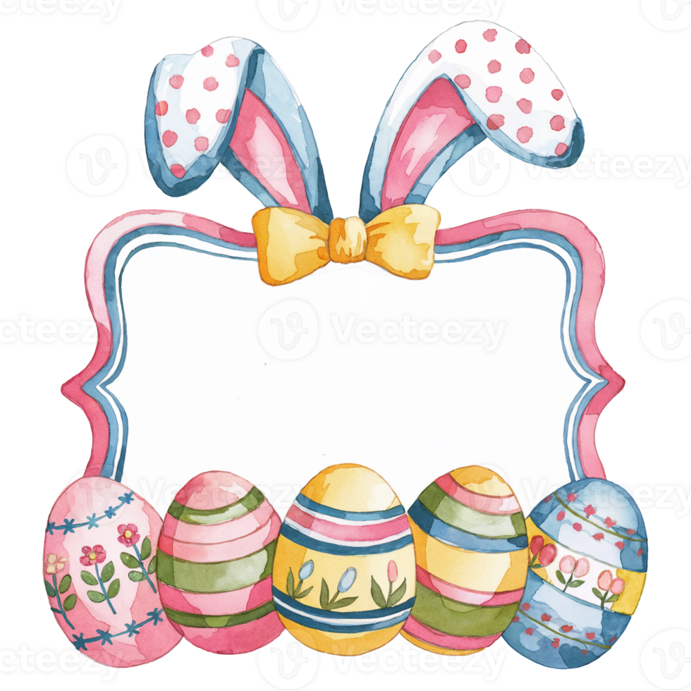 Easter eggs are arranged in front of a decorative frame with bunny ears and a bow. png