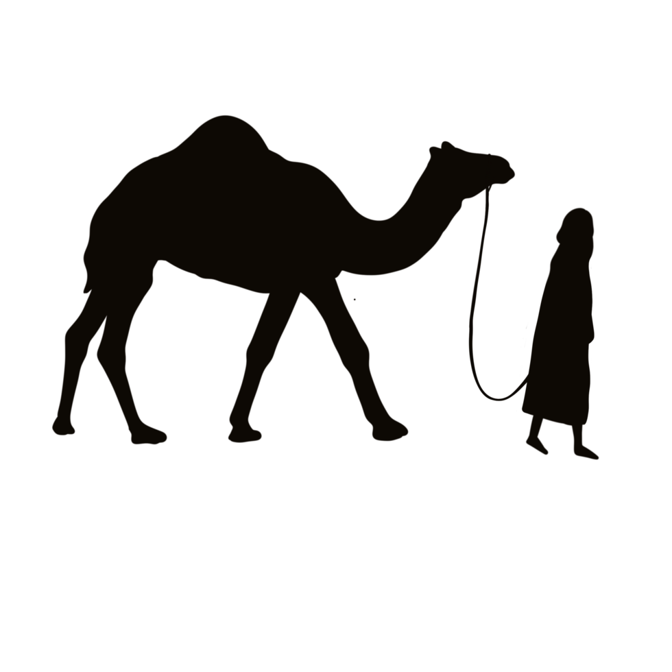 a silhouette of a camel with a man pulling the saddle illustration png