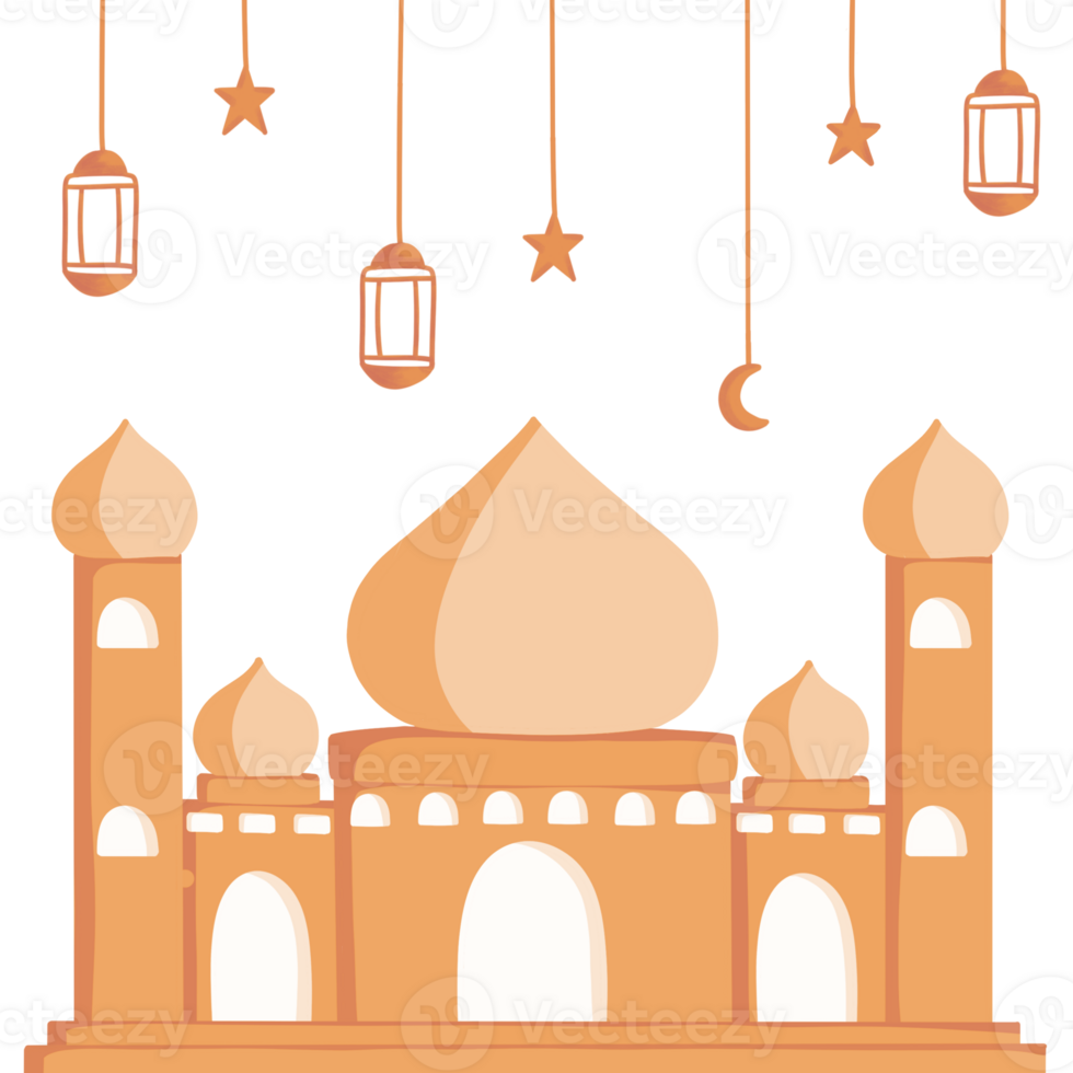 mosque hand drawn illustration with lanterns, stars, and moon. perfect for ramadan and eid greeting, cards, and prints. png