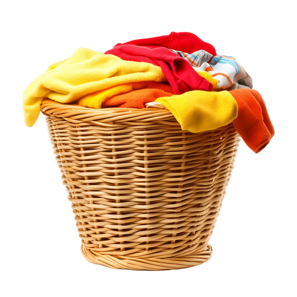 Basket full of clothes is overflowing with yellow, orange, and red clothes png