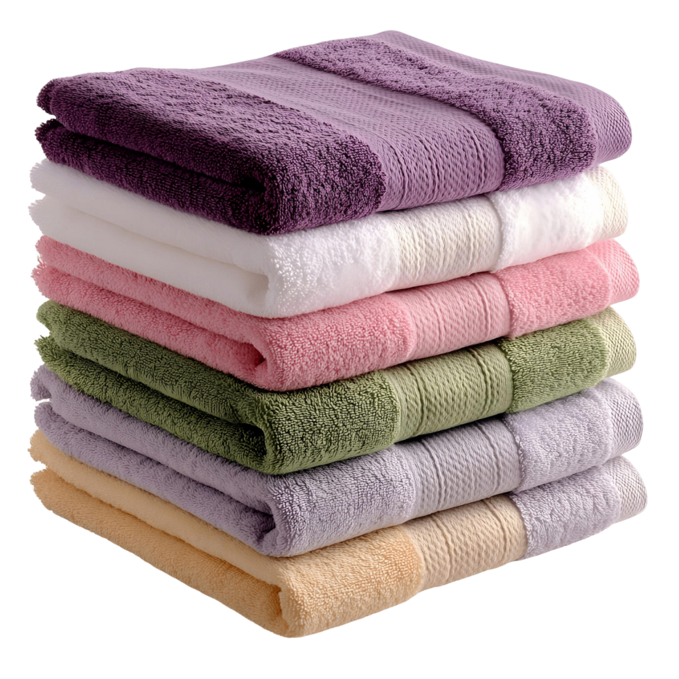 Stack of towels in various colors, including white, pink, green, and purple png