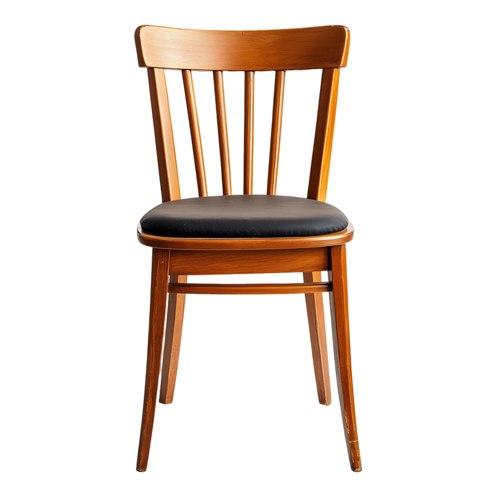 Wooden chair with a black seat and back png