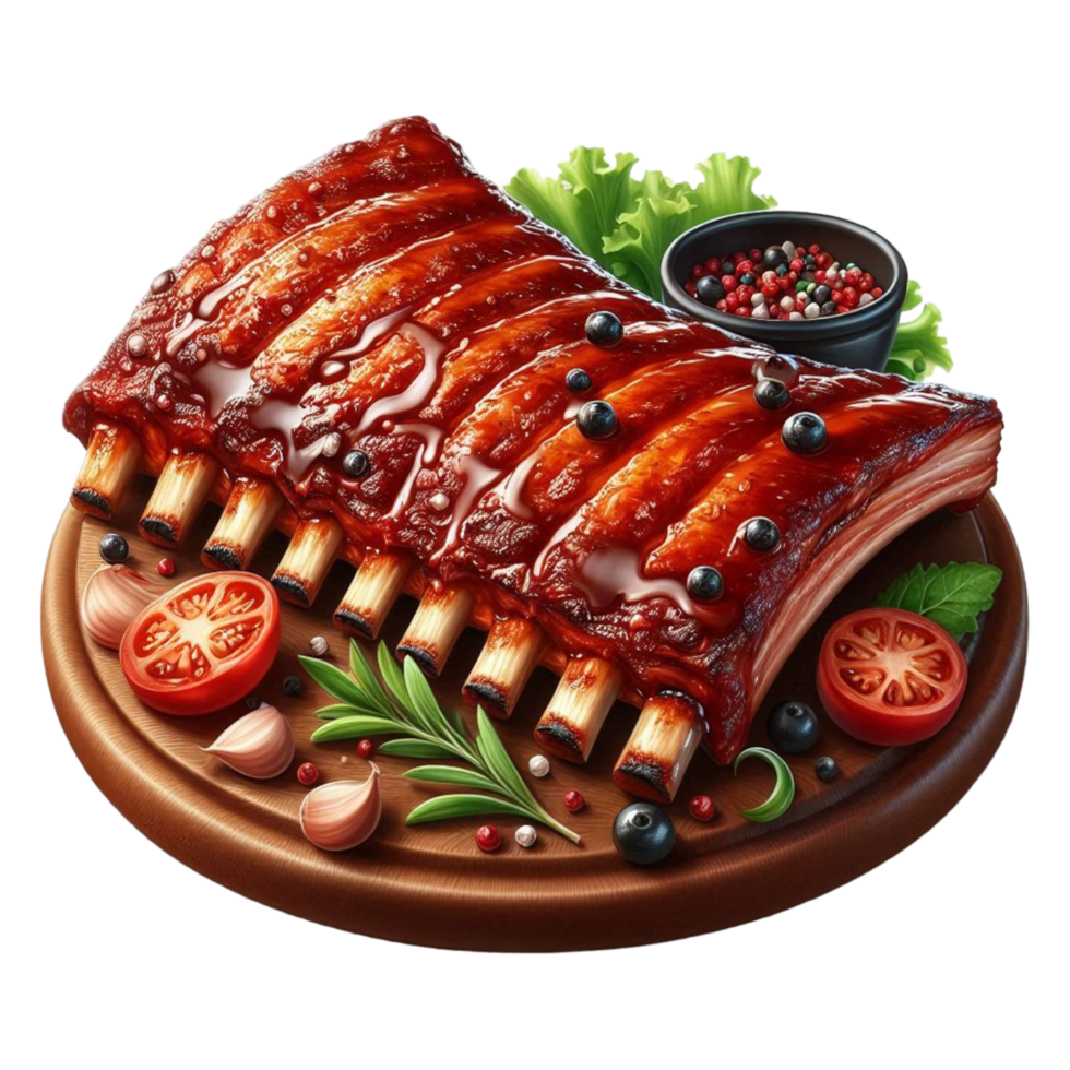 bbq ribs on a plate with vegetables and sauce on transparent background png