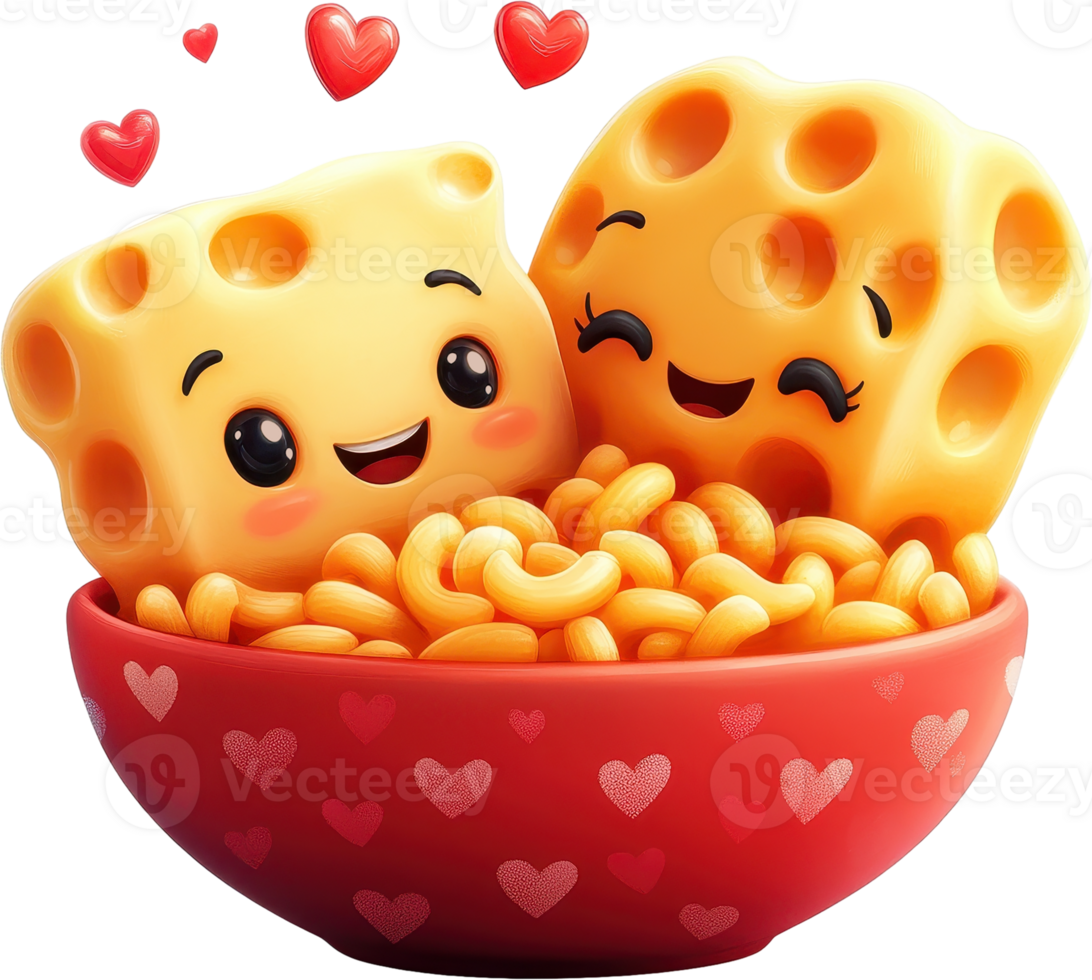 Two cheerful cheese cubes with big eyes and smiles are nestled among colorful macaroni in a red bowl, surrounded by floating hearts. png