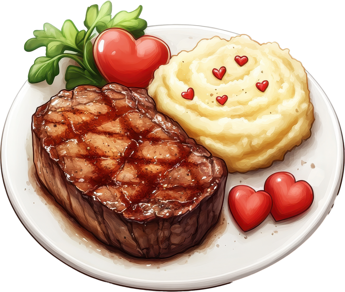 A plate featuring a grilled steak, creamy mashed potatoes, and decorative heart-shaped elements. png