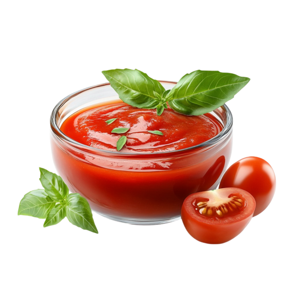 tomato sauce in a bowl with basil leaves on transparent background png