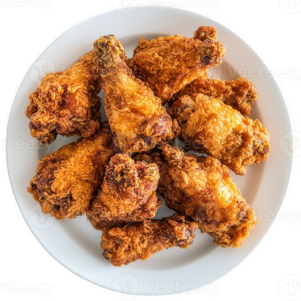 Fried chicken in white bowl, top view. png
