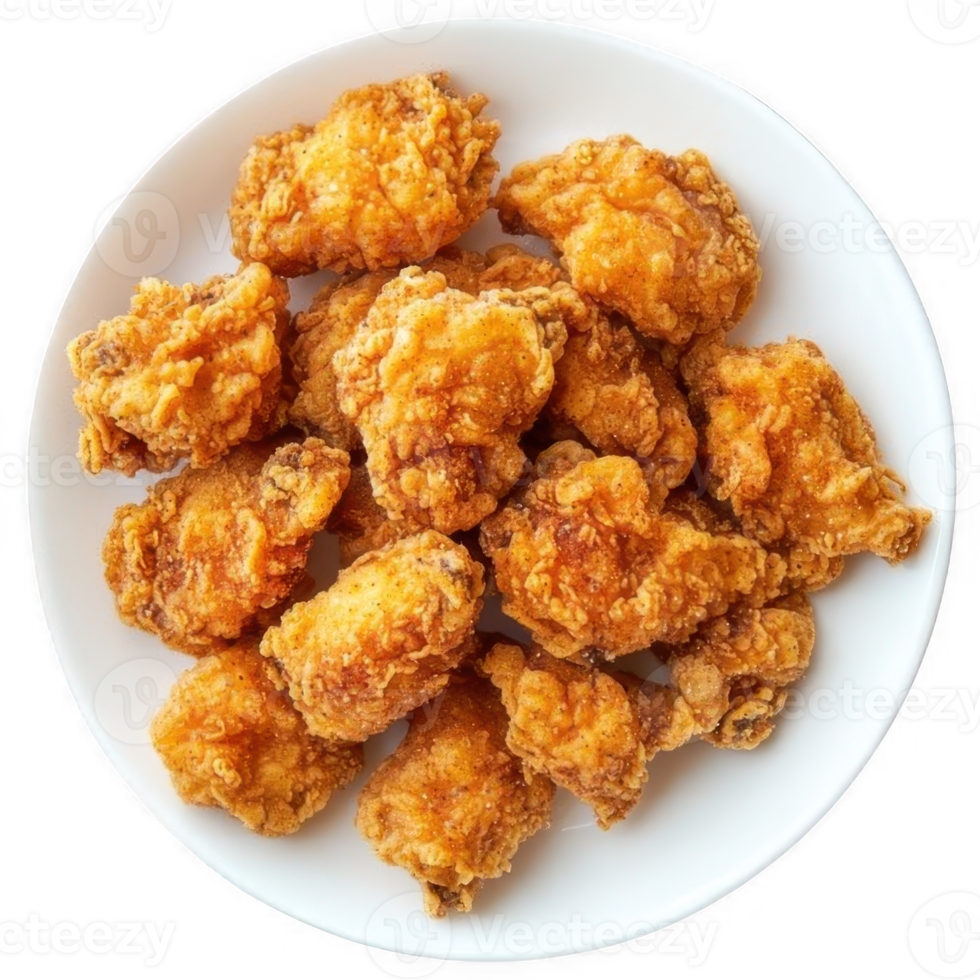 Fried chicken on white plate. Top view. png