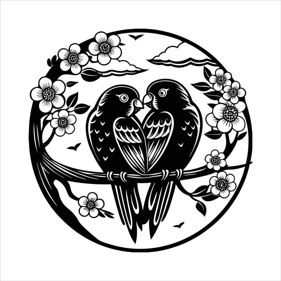 Two cute birds perched on cherry blossom tree branch spring . vector