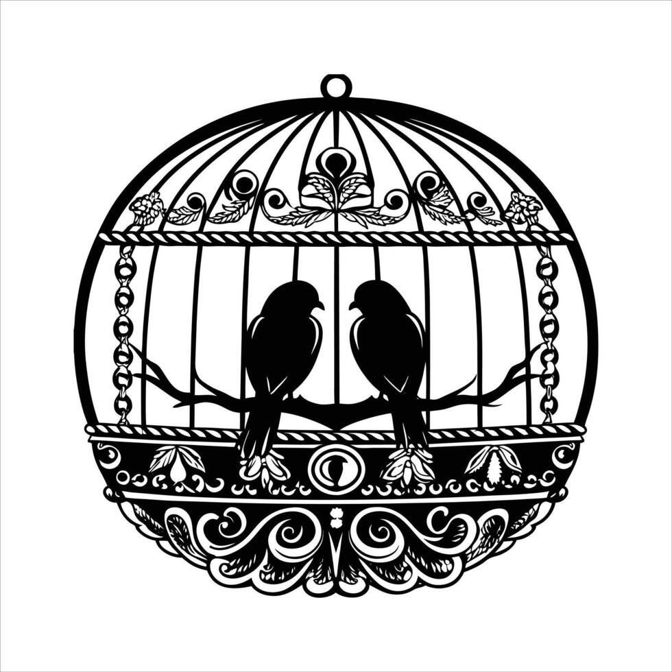 Boy and girl with birds scene black . vector
