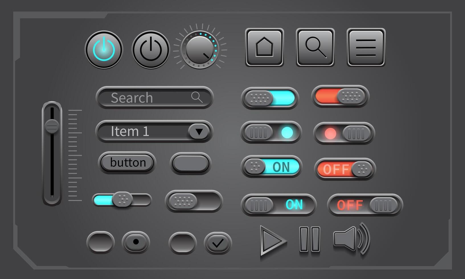 UI button set geometric design grey tone technology control vector