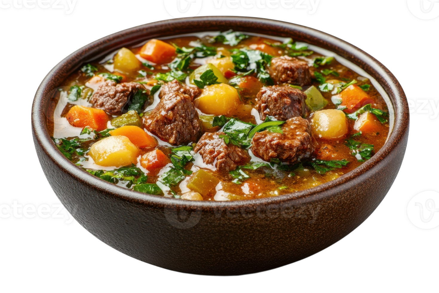 Hearty beef stew with vegetables served in a rustic bowl, perfect for a cozy meal on a chilly day png