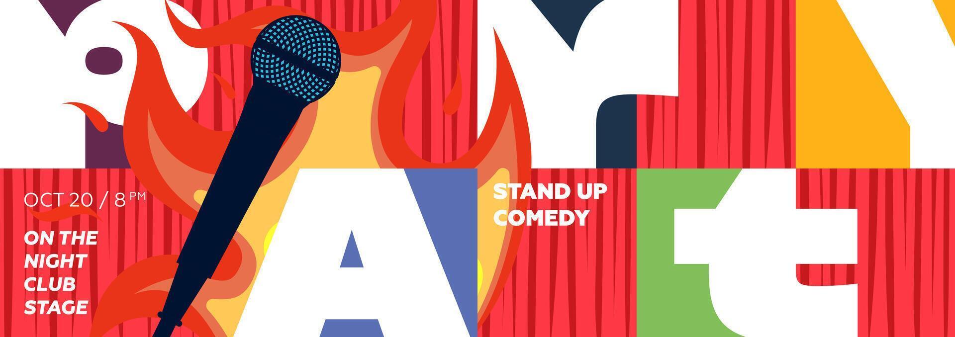Bold stand up comedy party banner with geometric elements, featuring mic, stage curtain and roast fire. Ideal for advertising comedy shows, open mic nights and live entertainment events. vector