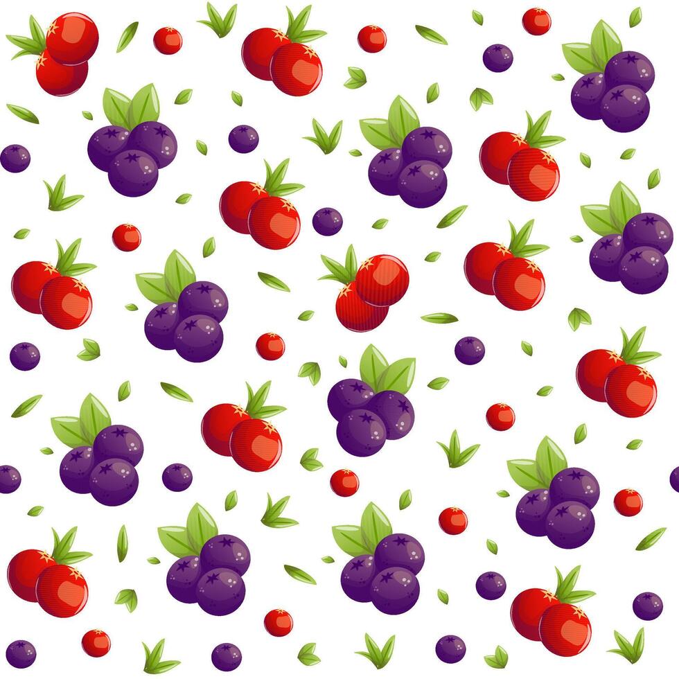 A seamless pattern of juicy cranberries and plump blueberries, blending vibrant red and deep blue hues. Perfect for nature-inspired designs, food packaging, and cheerful seasonal projects. vector
