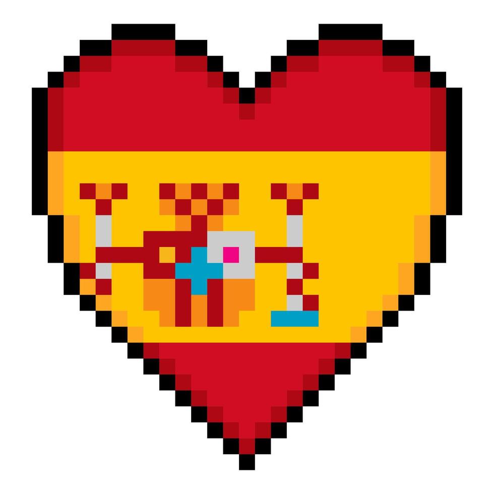 Spanish flag with heart shape in pixel art style vector