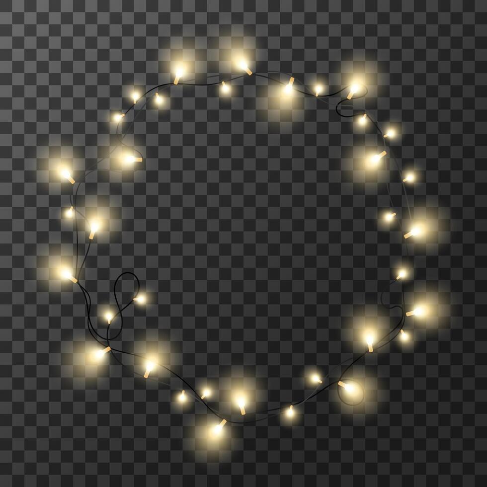 Glowing light garland bulbs circle frame wreath realistic design. Celebrate String lights bulbs garlands. Festive design elements. Holiday light decor. illustration vector