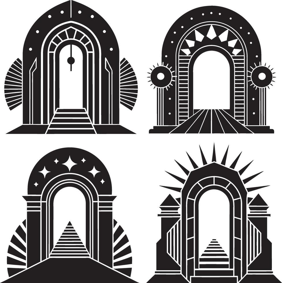 four black and white illustrations of archways vector
