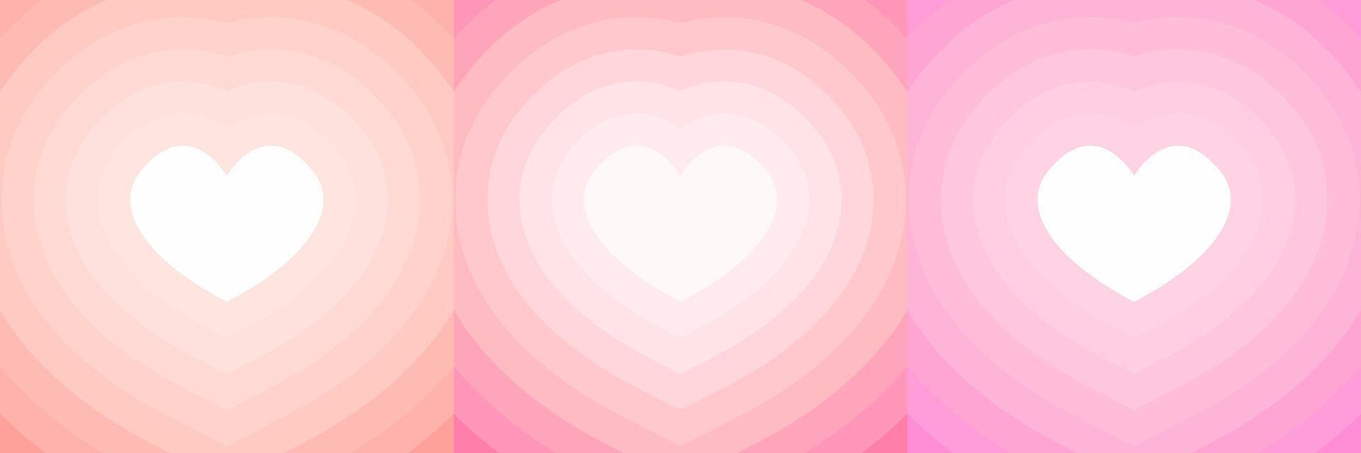 Set of three abstract heart designs with white central hearts surrounded by layered gradient shapes in peach, pink, and magenta tones. Valentine-themed backgrounds. Valentines Day and love concept vector